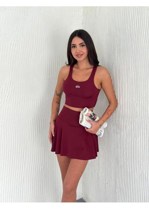 ALO YOGA Etek (Şortlu) & Büstiyer Takım Bordo - Tenis İçin Konforlu Mini Etek