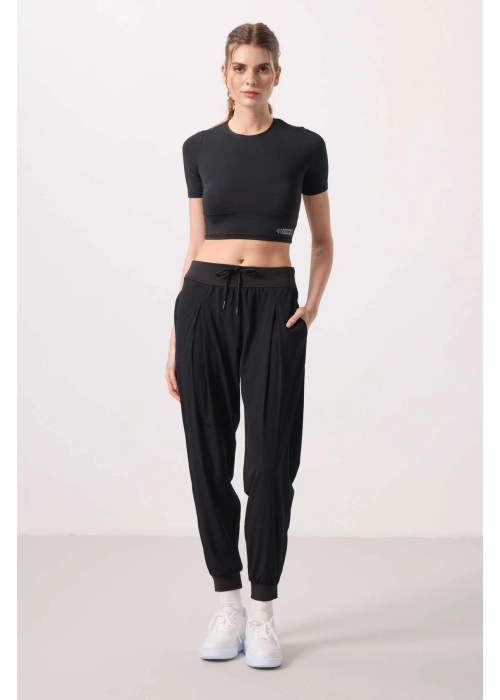 Cepli Standart Kalıp Polyester Siyah Kadın Pantolon