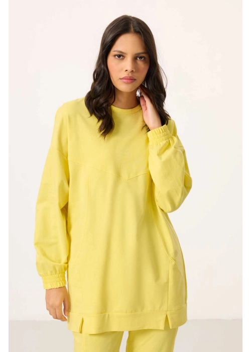 O Yaka Basic Oversize Kadın Limon Eşofman Tunik Takım