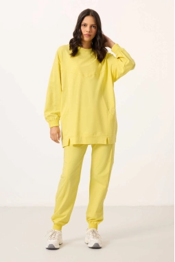 O Yaka Basic Oversize Kadın Limon Eşofman Tunik Takım
