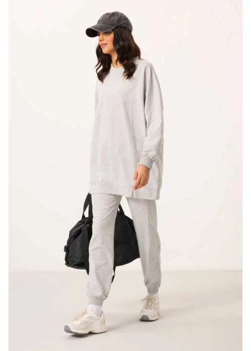 O Yaka Basic Oversize Kadın Gri Melanj Eşofman Tunik Takım