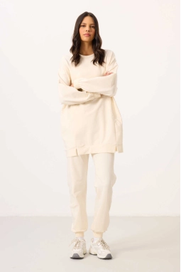 O Yaka Basic Oversize  Ekru Kadın Eşofman Tunik Takım