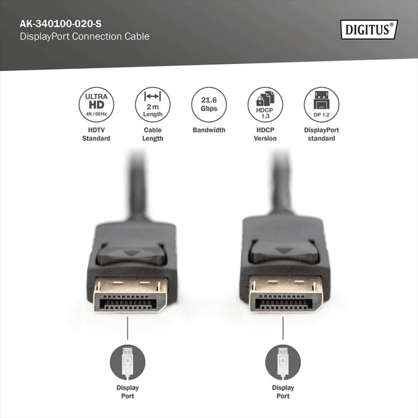 DIGITUS DP Görüntü Kablosu 2m (AK-340100-020-S)