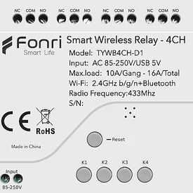 FONRI WF3-TM4-0201-01 Kablosuz Akıllı Röle 4kanal