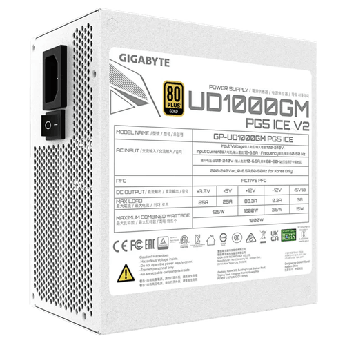 GIGABYTE 1000w 80+Gold GP-UD1000GM PG5 ICE Tam Modüler Power Supply Beyaz