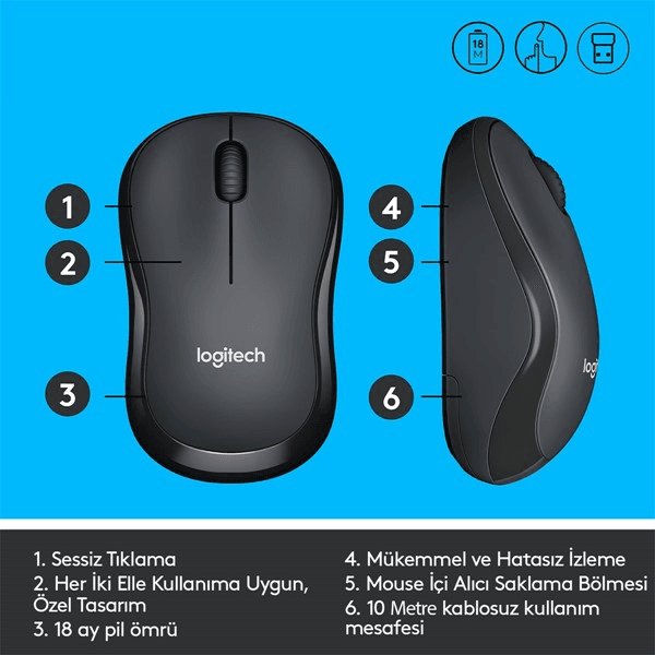LOGITECH M220 Kablosuz Sessiz Optic Gri / Siyah Mouse 910-004878