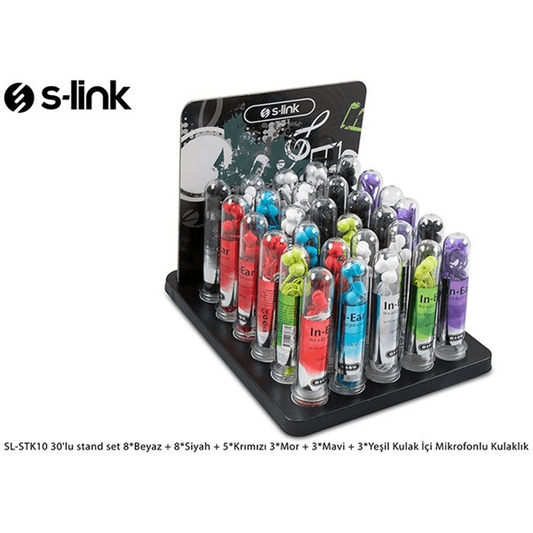 S-link SL-STK10 30'lu stand set 8*Beyaz + 8*Siyah + 5*Krımızı 3*Mor + 3*Mavi + 3*Yeşil Kulak İçi Mikrofonlu Kulaklık