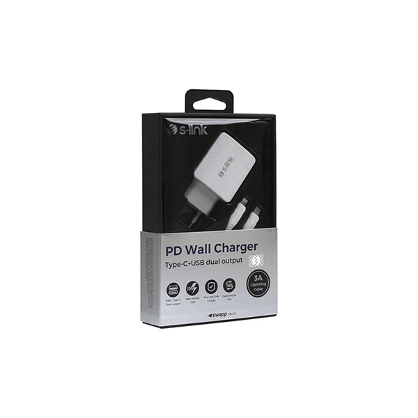 S-link Swapp SW-C1110X 1USB+1 Type-C 18W PD Kablo Hızlı Beyaz Ev Şarj Adaptör