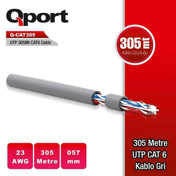 QPORT CAT6 Utp 23AWG Gri 305m Kablo Q-CAT6