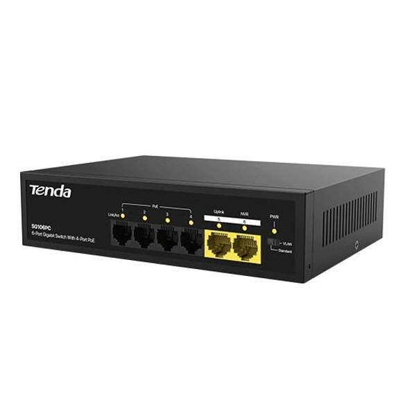 TENDA 6port-4port PoE 55w 2-Uplink Gigabit Yönetilemez Switch SG106PC