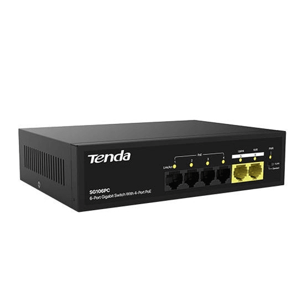 TENDA 6port-4port PoE 55w 2-Uplink Gigabit Yönetilemez Switch SG106PC