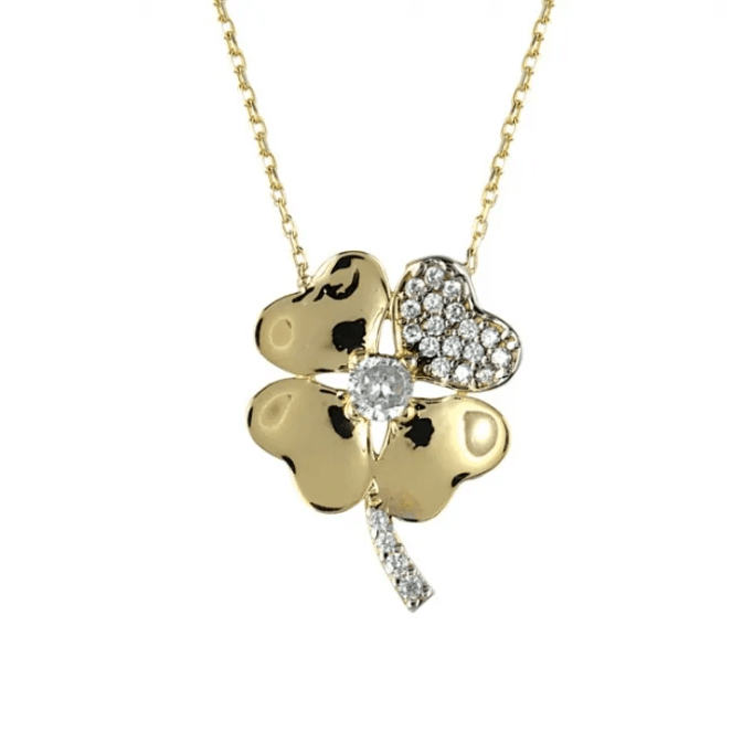 Dört Yapraklı Tek Yaprağı Taşlı Yonca Kolye