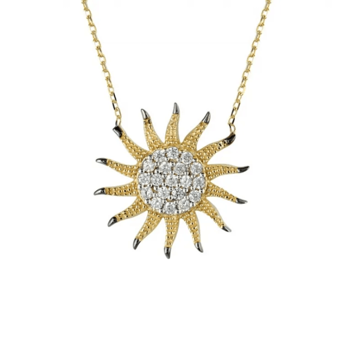 Güneş Motifli Taşlı Altın Kolye
