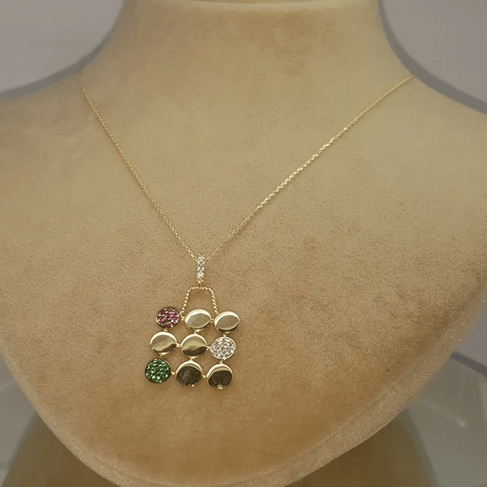 Mor Yeşil Beyaz Taşlı Altın Kolye