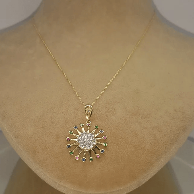 Güneş Motifli Renkli Taşlı Altın Kolye