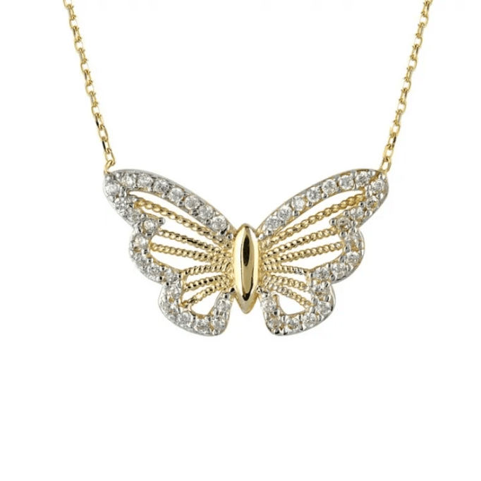 Kelebek Motifli Taşlı Altın Kolye