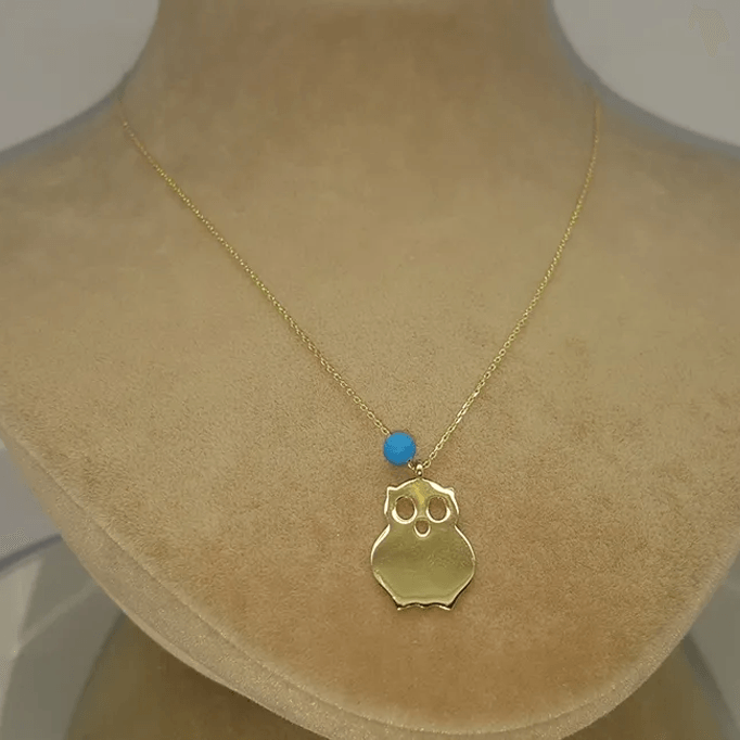 Mavi Boncuklu Baykuş Altın Kolye