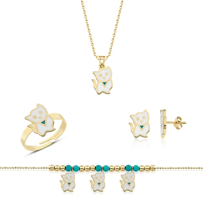 Altın Mineli Çocuk Takımı Kedili Beyaz