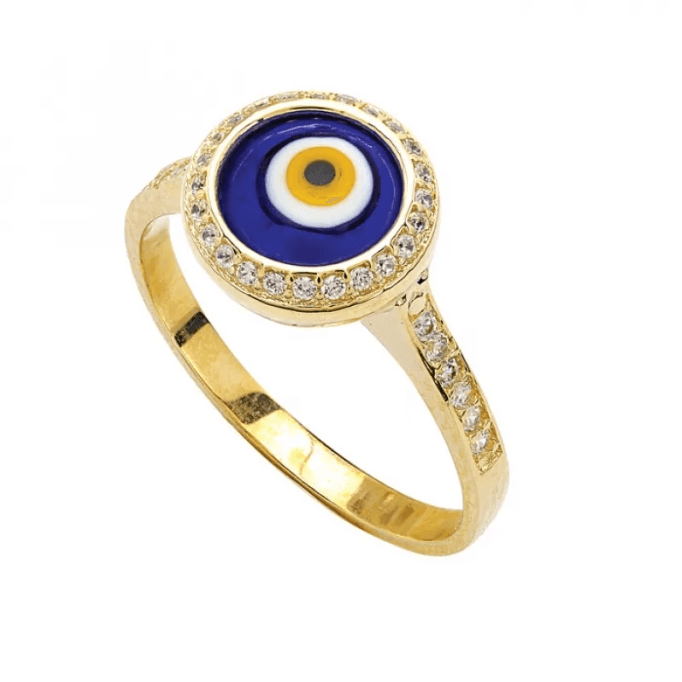 Yanları Tektaşlı Göz Boncuklu Altın Yüzük