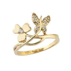 Kelebek Yonca Beyaz Taşlı Altın Yüzük