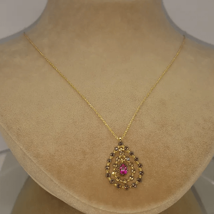 Büyük DamlaSıra Taşlı  Altın Kolye