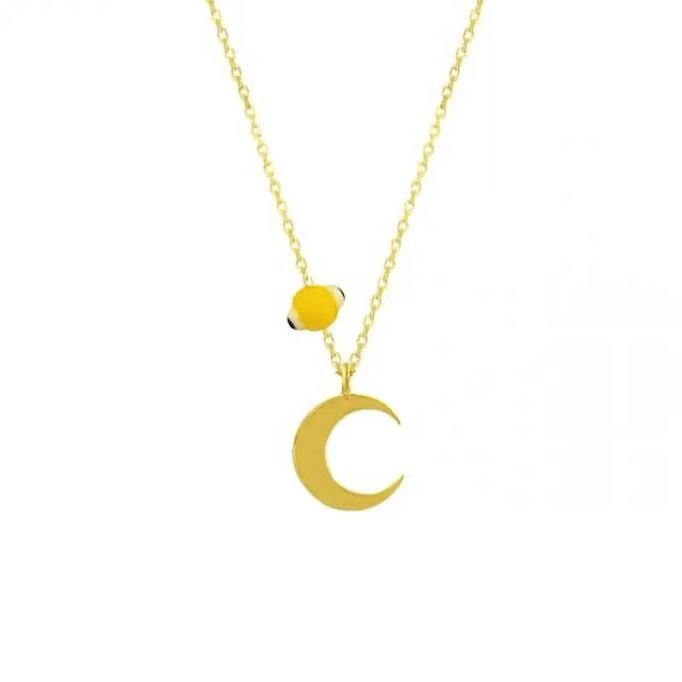 Sarı Nazar Boncuklu Ay Altın Kolye