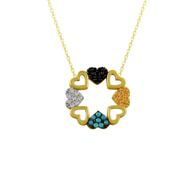 Renkli Kalplerden Oluşmuş Daire Altın Kolye