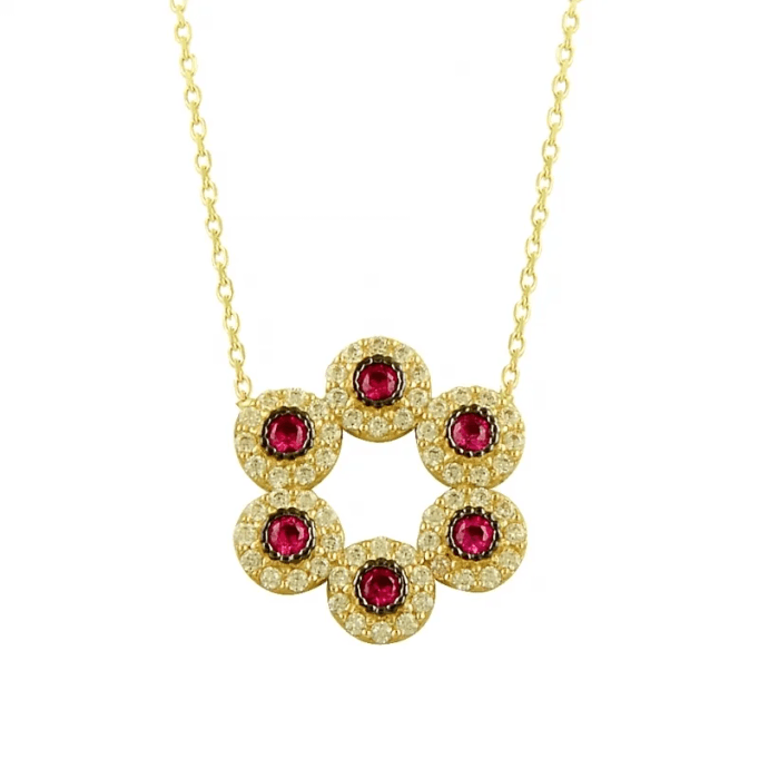 Kırmızı Taşlı Daire Altın Kolye KLF894