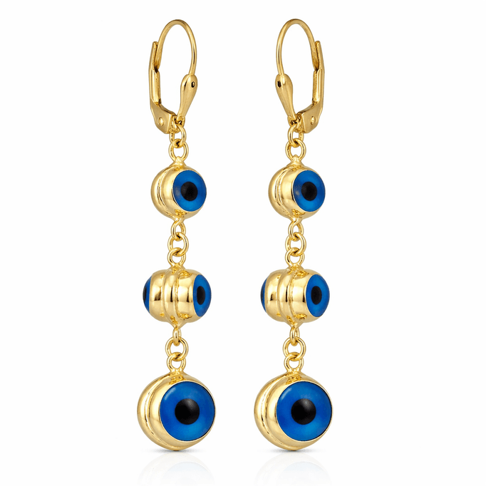 Sallanan Üç Göz Boncuk Altın Küpe