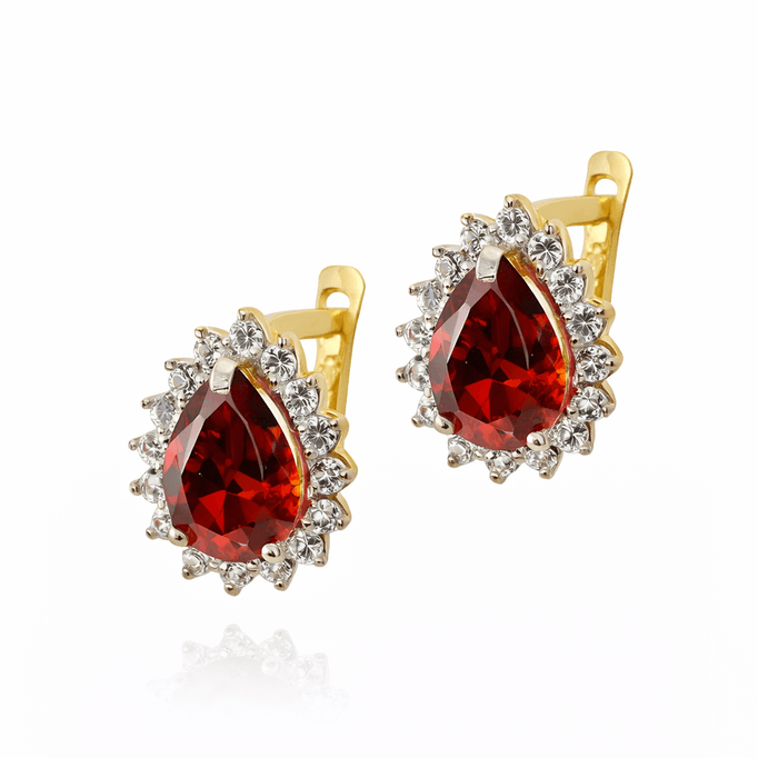 Kırmızı Damla Taşlı Altın Küpe