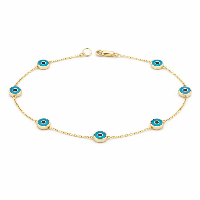Tek Sıra Altın  Yedi Göz Boncuklu Bileklil