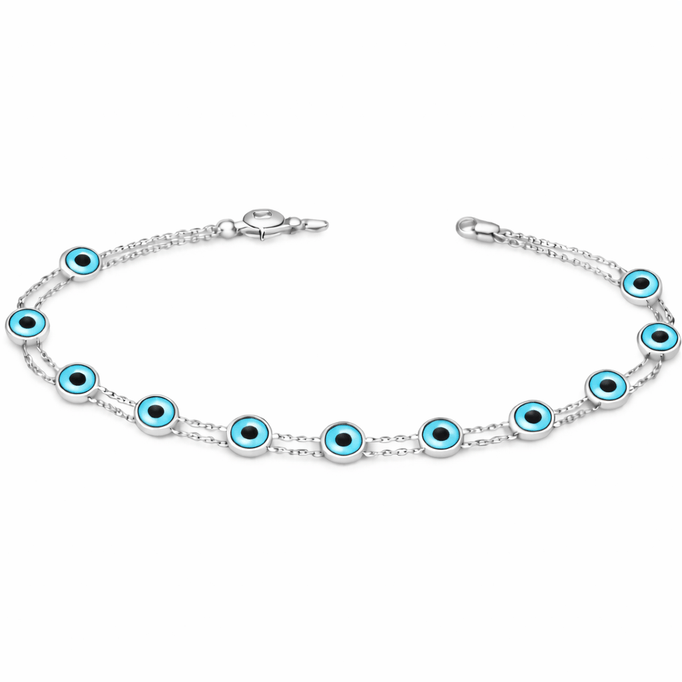 Mavi Boncuklu Çift Zincir  Altın Kolye