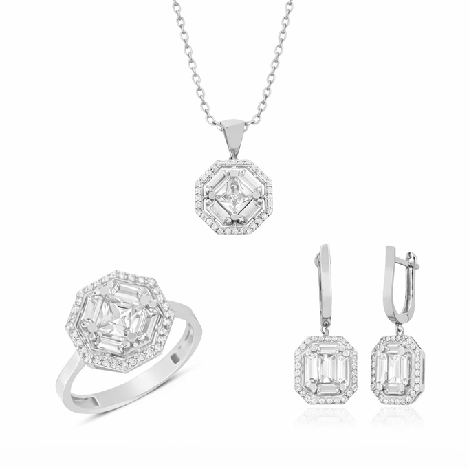 Baget Takım Kare Taşlı Beyaz Altın