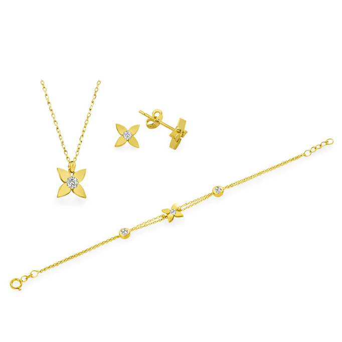 Minik Altın Kolye Bileklik Küpe Set