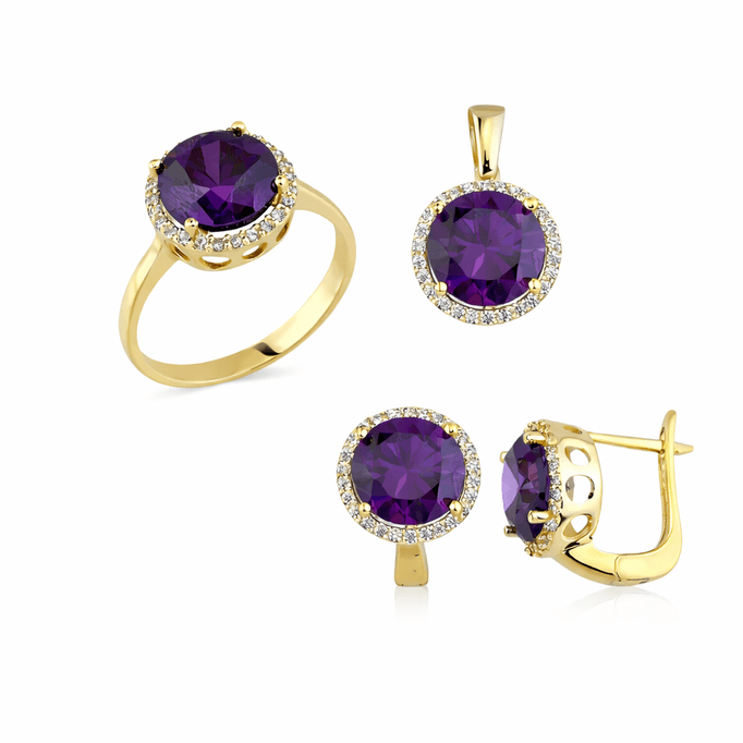 Altın Mor Yuvarlak Taşlı Üçlü Takım
