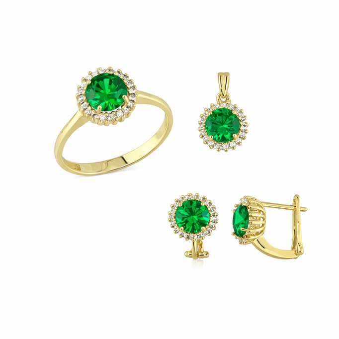 Altın Üçlü Takım Yeşil Yuvarlak Taşlı