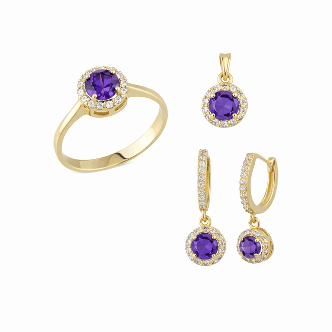 Altın Üçlü Takım Mor Yuvarlak Taşlı