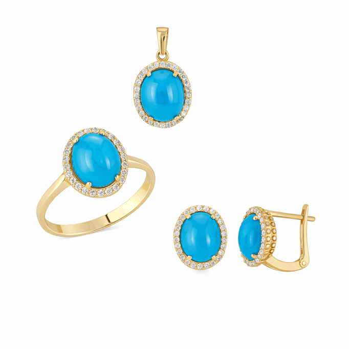 Firuze Oval Altın Üçlü Takım