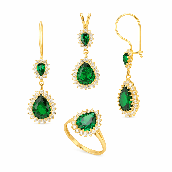 Altın Zümrüt Yeşili Damla Üçlü Takım