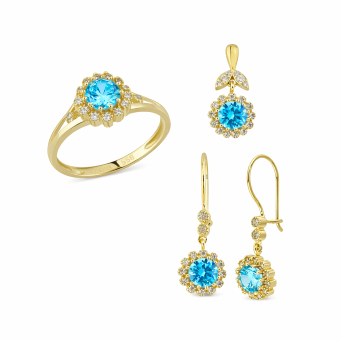 Altın Üçlü Mavi Taşlı Takım