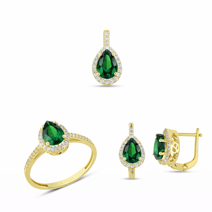 Altın Yeşil Damla Taşlı Üçlü Takım