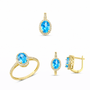 Altın Üçlü Takım Mavi Oval Taşlı