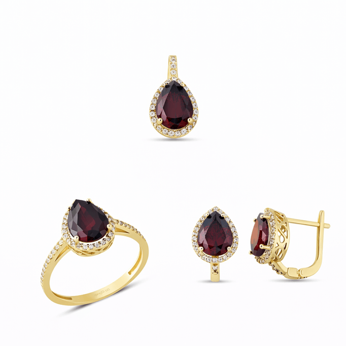 Altın Üçlü Takım Bordo Damla Taşlı