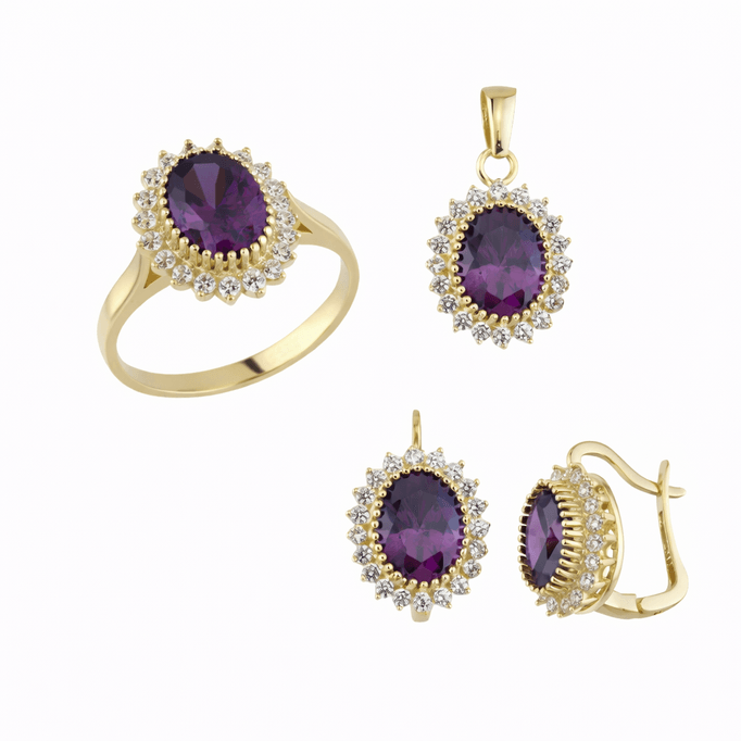 Altın Üçlü Takım Mor Oval Taşlı
