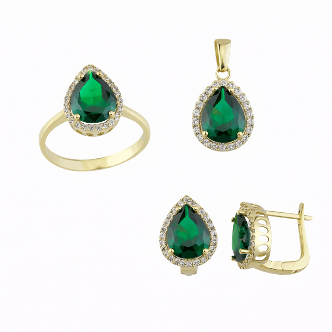 Altın Üçlü Takım Yeşil Damla Taşlı