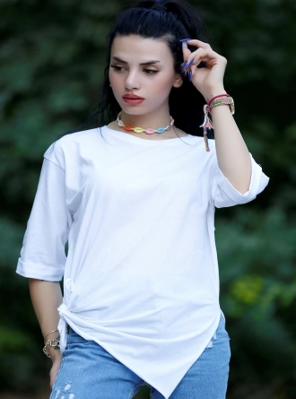 Asimetrik Kesim Viskon Bluz Beyaz