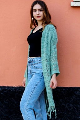 Altı Püskül Detaylı Hırka Yeşil