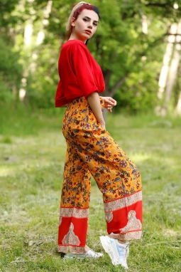 Desenli Bol Pantolon Hardalçiçekli 