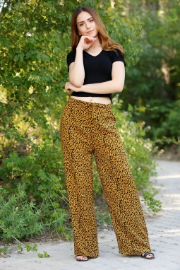 Desenli Bol Pantolon Sarısiyah