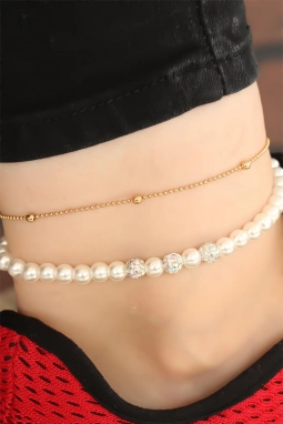 Gold Renk Zincirli İnci Aksesuarlı Hal Hal 